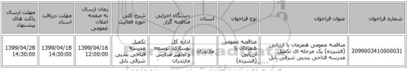 مناقصه عمومی همزمان با ارزیابی (فشرده) یک مرحله ای تکمیل مدرسه فتاحی بندپی شرقی بابل