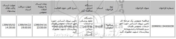 مناقصه عمومی یک مرحله ای تامین نیروی انسانی جهت امور خدمات عمومی.فضای سبز.تلفنخانه.رختشویخانه بیمارستان شهید مطهری گنبد