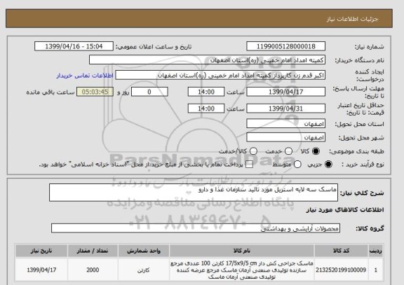 استعلام ماسک سه لایه استریل مورد تائید سازمان غذا و دارو 