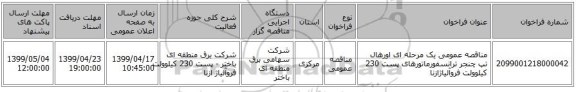 مناقصه عمومی یک مرحله ای اورهال تپ چنجر  ترانسفورماتورهای پست 230 کیلوولت  فروآلیاژازنا