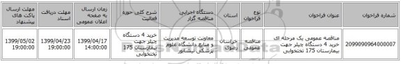 مناقصه عمومی یک مرحله ای خرید 4 دستگاه چیلر جهت بیمارستان 175 تختخوابی 