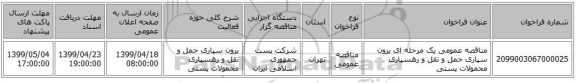 مناقصه عمومی یک مرحله ای  برون سپاری حمل و نقل و رهسپاری محمولات پستی