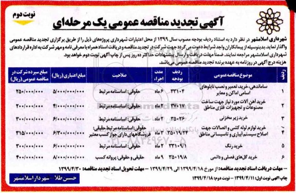 تجدید مناقصه ، تجدید مناقصه ساماندهی، خرید، تعمیر و نصب تابلوهای اسامی اماکن و معابر... نوبت دوم 