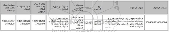 مناقصه عمومی یک مرحله ای  تعمیر و بازسازی اساسی ساختمان مرکز نوآوری دانشگاه محقق اردبیلی برابر اسناد و مدارک مناقصه 