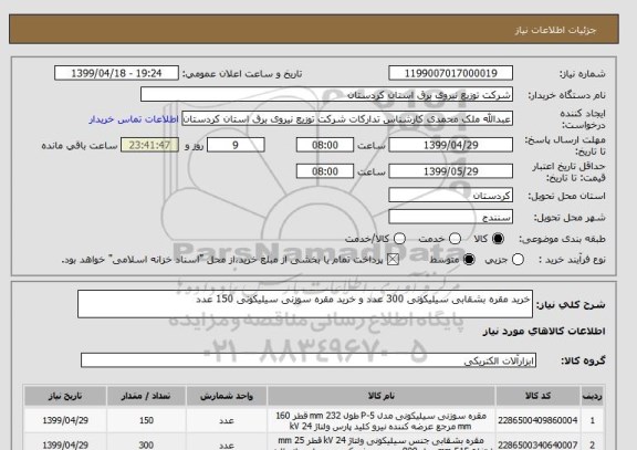 استعلام خرید مقره بشقابی سیلیکونی 300 عدد و خرید مقره سوزنی سیلیکونی 150 عدد