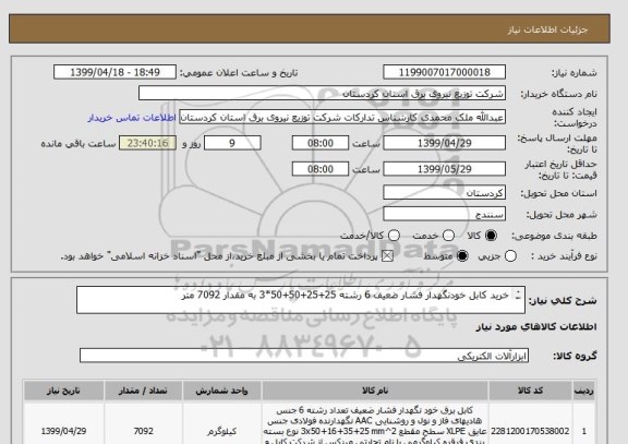 استعلام خرید کابل خودنگهدار فشار ضعیف 6 رشته 25+25+50+50*3 به مقدار 7092 متر

