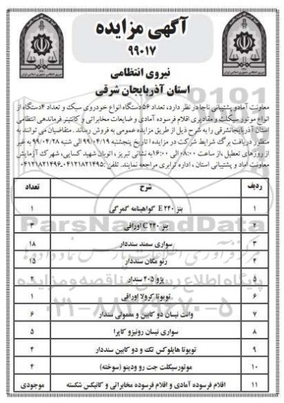 آگهی مزایده , مزایده تعداد 56 دستگاه انواع خودروی سبک و تعداد 4 دستگاه 