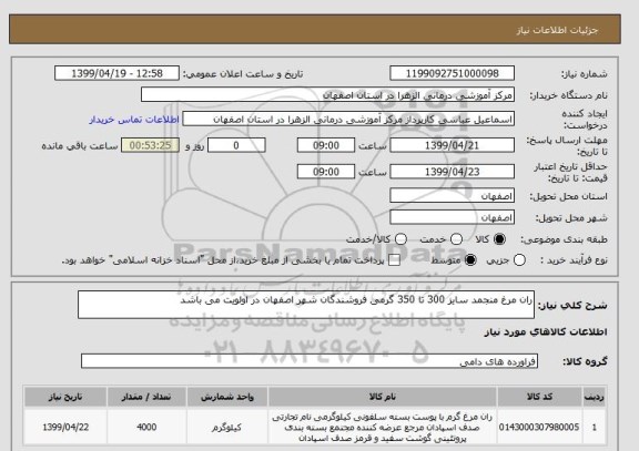 استعلام ران مرغ منجمد سایز 300 تا 350 گرمی فروشندگان شهر اصفهان در اولویت می باشد