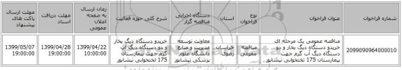 مناقصه عمومی یک مرحله ای خریدو دستگاه دیگ بخار و دو دستگاه دیگ آب گرم جهت بیمارستان 175 تختخوابی نیشابور 