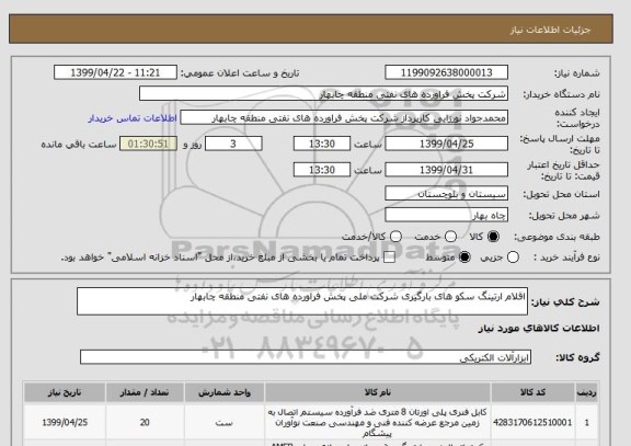 استعلام اقلام ارتینگ سکو های بارگیری شرکت ملی پخش فراورده های نفتی منطقه چابهار