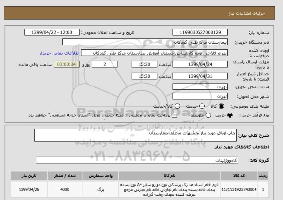 استعلام چاپ اوراق مورد نیاز بخشهای مختلف بیمارستان