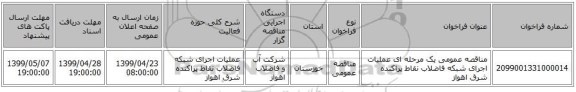 مناقصه عمومی یک مرحله ای عملیات اجرای شبکه فاضلاب نقاط پراکنده شرق اهواز