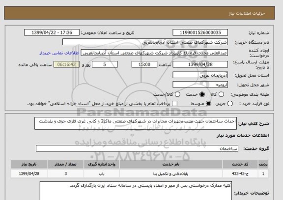 استعلام احداث ساختمان جهت نصب تجهیزات مخابرات در شهرکهای صنعتی ماکو2 و کانی غری فلزی خوی و پلدشت