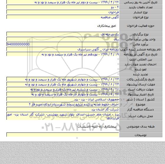 اجرای خطوط تغذیه پراکنده صنایع سطح شهرستان اردکان٬میبد فاز ۲