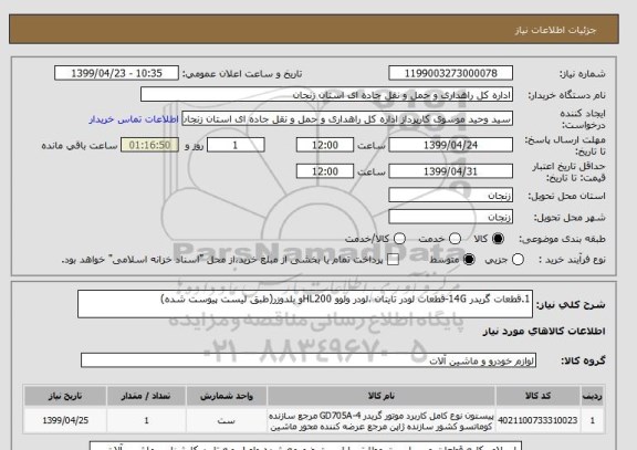 استعلام 1.قطعات گریدر 14G-قطعات لودر تایتان ،لودر ولوو HL200و بلدوزر(طبق لیست پیوست شده)