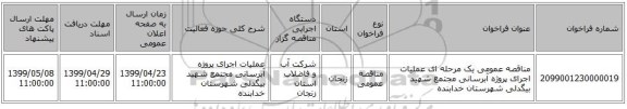 مناقصه عمومی یک مرحله ای عملیات اجرای پروژه آبرسانی مجتمع شهید بیگدلی شهرستان خدابنده