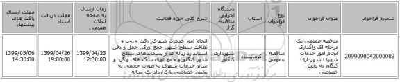 مناقصه عمومی یک مرحله ای واگذاری انجام امور خدمات شهری شهرداری کنگاور به بخش خصوصی