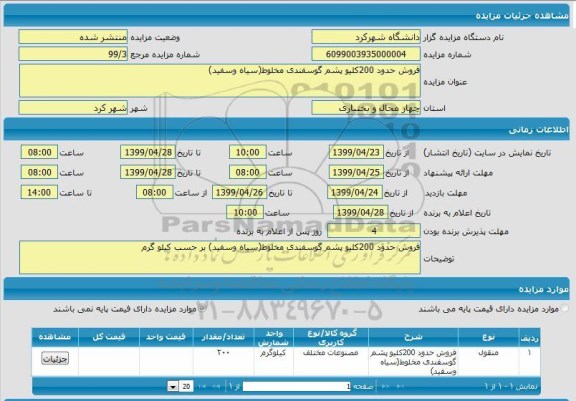 مزایده فروش حدود 200 کیلو پشم گوسفندی 