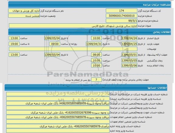 مزایده  اجاره سالن ورزشی 