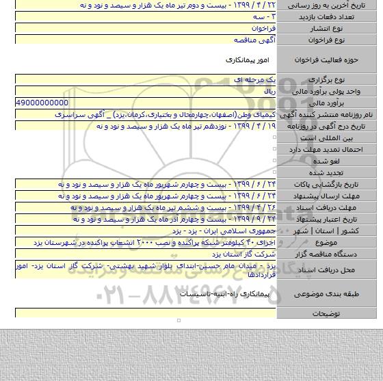 اجرای ۴۰ کیلومتر شبکه پراکنده و نصب ۲۰۰۰ انشعاب پراکنده در شهرستان یزد