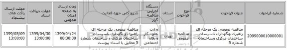 مناقصه عمومی یک مرحله ای راهبری ونگهداری تاسیسات ساختمان مرکزی وساختمان شماره 5