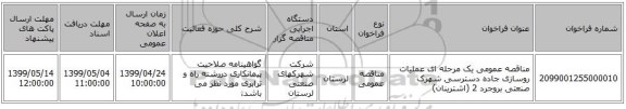 مناقصه عمومی یک مرحله ای عملیات روسازی جاده دسترسی شهرک صنعتی بروجرد 2 (اشترینان)