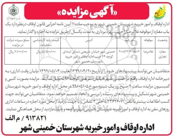 مزایده, مزایده اجاره یک باب مغازه 