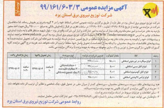 مزایده انواع میلگرد در تیر بتونی اسقاطی و...