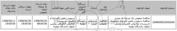 مناقصه عمومی یک مرحله ای تجدید مناقصه سرویس تعمیر نگهداری و راهبری تاسیسات مکانیکی الکتریکی پردیس نازلوی دانشگاه ارومیه