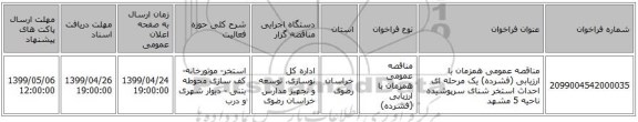 مناقصه عمومی همزمان با ارزیابی (فشرده) یک مرحله ای احداث استخر شنای  سرپوشیده ناحیه 5 مشهد