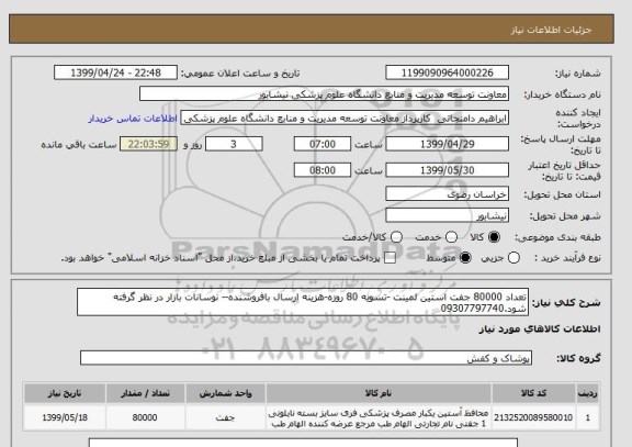 استعلام تعداد 80000 جفت استین لمینت -تسویه 80 روزه-هزینه ارسال بافروشنده-- نوسانات بازار در نظر گرفته شود.09307797740