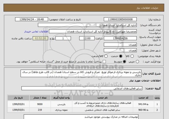 استعلام بازرسی و نمونه برداری از مراکز توزیع  تمرکز و فروش کالا در سطح استان همدان (در قالب طرح طاها) در سال جاری