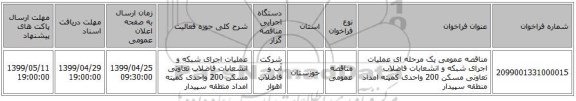 مناقصه عمومی یک مرحله ای عملیات اجرای شبکه و انشعابات فاضلاب تعاونی مسکن 200 واحدی کمیته امداد منطقه سپیدار