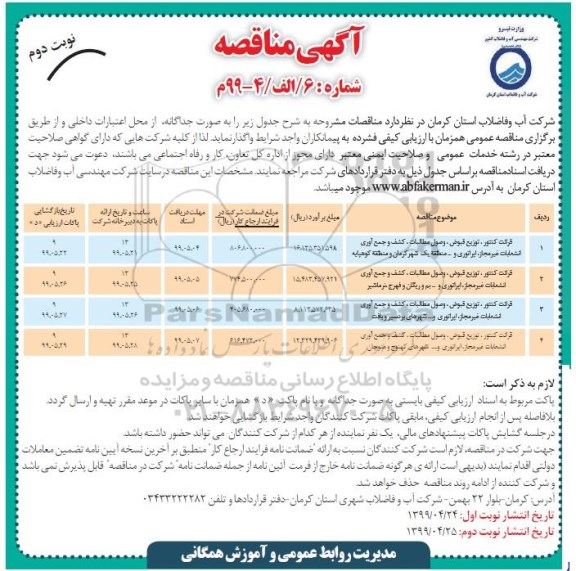 مناقصه ، مناقصه قرائت کنتور، توزیع قبوض، وصل مطالبات، کشف و جمع آوری  و...نوبت دوم 