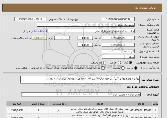 استعلام روغن موتور و روغن گیربکس مورد نیاز ماشین آلات عمرانی شهرداری برابر لیست پیوست