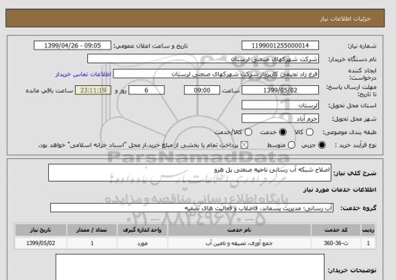 استعلام اصلاح شبکه آب رسانی ناحیه صنعتی پل هرو