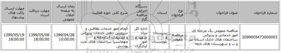 مناقصه عمومی یک مرحله ای امور خدماتی و پذیرائی ساختمان های اداری استان س و ب و شهرستان های تابعه