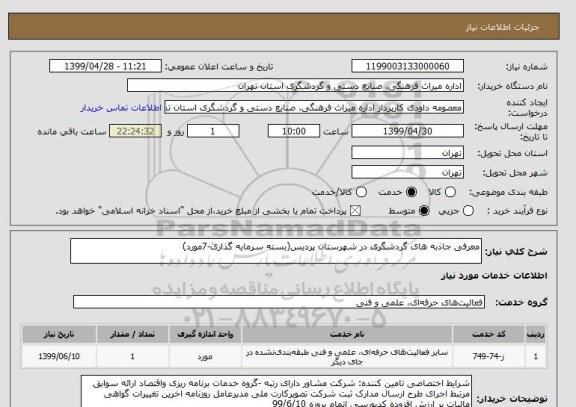 استعلام معرفی جاذبه های گردشگری در شهرستان پردیس(بسته سرمایه گذاری-7مورد)