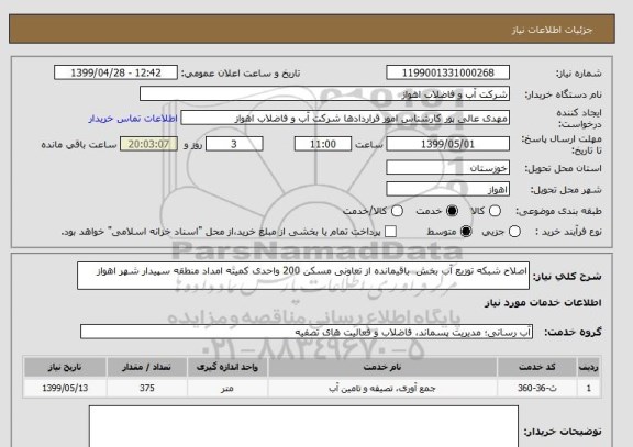 استعلام اصلاح شبکه توزیع آب بخش  باقیمانده از تعاونی مسکن 200 واحدی کمیته امداد منطقه سپیدار شهر اهواز