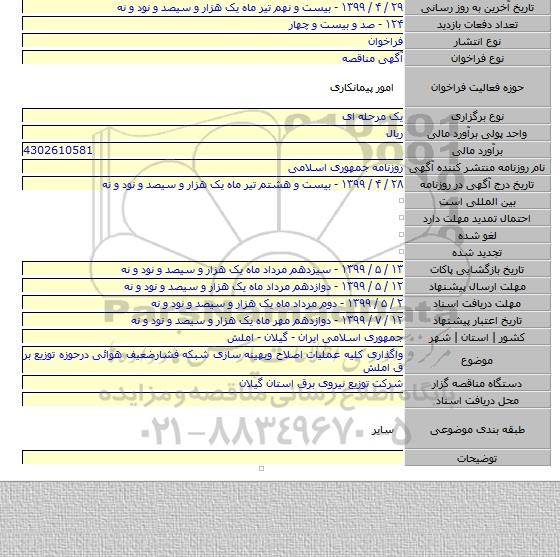 واگذاری کلیه عملیات اصلاح وبهینه سازی شبکه فشارضعیف هوائی درحوزه توزیع بر ق املش