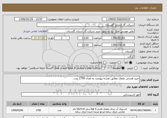 استعلام خرید هندلی علمک مطابق نقشه پیوست به تعداد 1750 عدد