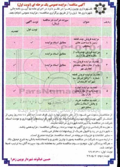 آگهی مزایده ، مزایده فروش چند قطعه زمین با مساحتهای مختلف ...