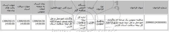 مناقصه عمومی یک مرحله ای واگذاری امورحمل و نقل درون وبرون شهری اداره کل بیمه سلامت استان فارس