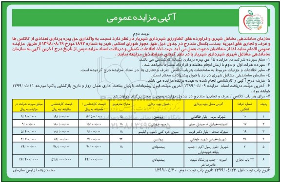 آگهی مزایده عمومی , مزایده اجاره بهره برداری از کانکس ها و غرف و تجاری ها -  نوبت دوم