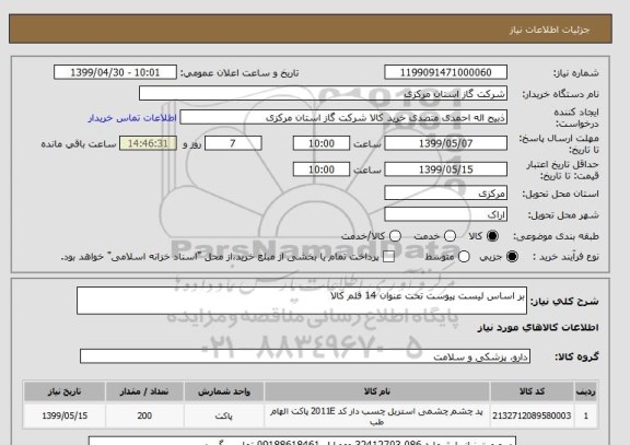 استعلام بر اساس لیست پیوست تحت عنوان 14 قلم کالا 