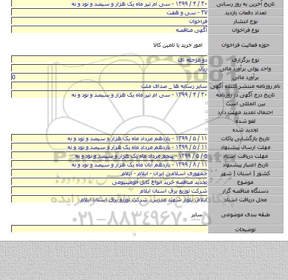 تجدید مناقصه خرید انواع کابل آلومینیومی