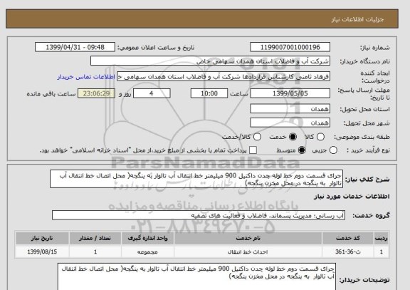 استعلام جرای قسمت دوم خط لوله چدن داکتیل 900 میلیمتر خط انتقال آب تالوار به ینگجه( محل اتصال خط انتقال آب تالوار  به ینگجه در محل مخزن ینگجه)