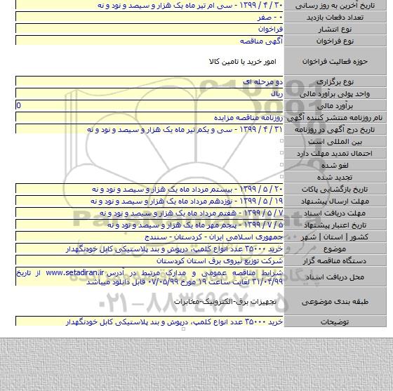 خرید ۳۵۰۰۰ عدد انواع کلمپ، درپوش و بند پلاستیکی کابل خودنگهدار