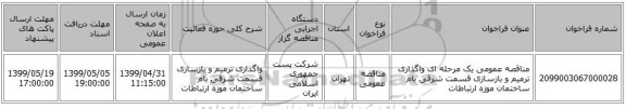 مناقصه عمومی یک مرحله ای واگذاری ترمیم و بازسازی قسمت شرقی بام ساختمان موزه ارتباطات 