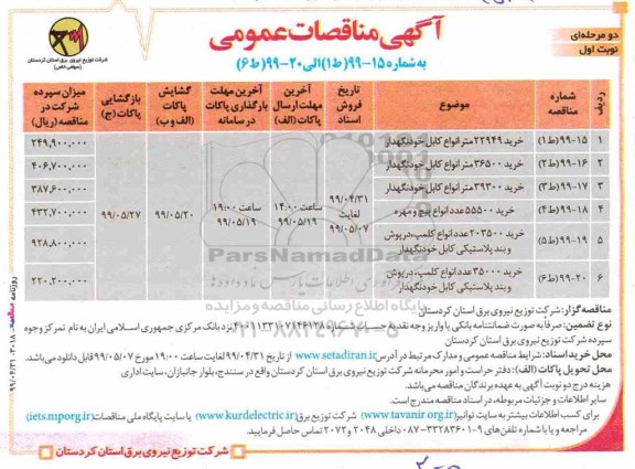 آگهی مناقصات عمومی دو مرحله ای ,مناقصه خرید 22949 متر انواع کابل خودنگهدار و ...